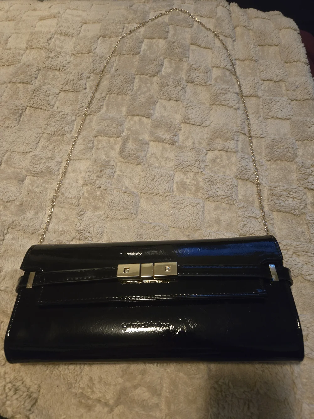 Black Patent Leather Chain Wristlet Clutch with Gold Hardware